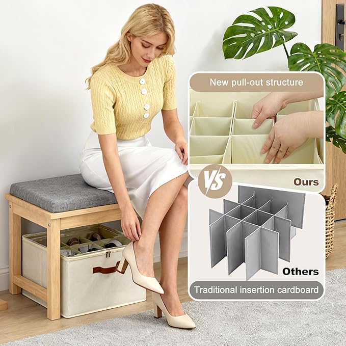 Shoe Organizer for Closet, Foldable Shoe Storage Box with Clear Top Lid, 3 Leather Handles, Adjustable Dividers, Fits 8-16 Pairs, Stackable Shoe Bin for Bedroom (Beige, 1 PCS/16.9*11.8*1.57 inch)