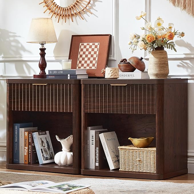 LEYAOYAO Fluted Farmhouse Nightstand Set of 2 with Charging Station, 23" Wide 1 Drawers Night Stand,Walnut Dresser for Bedroom,Bed Side Table Chest of Drawers,Wood End Table for Living Room