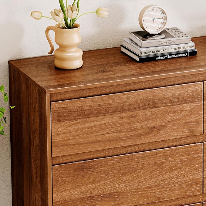 6 Drawer Dresser,47" Wide Mid Century Chest of Drawers,Wooden Bedroom Drawer Dresser with 6 Storage Drawers for Bedroom,Living Room,with Anti-Tipping Device,Dark Walnut
