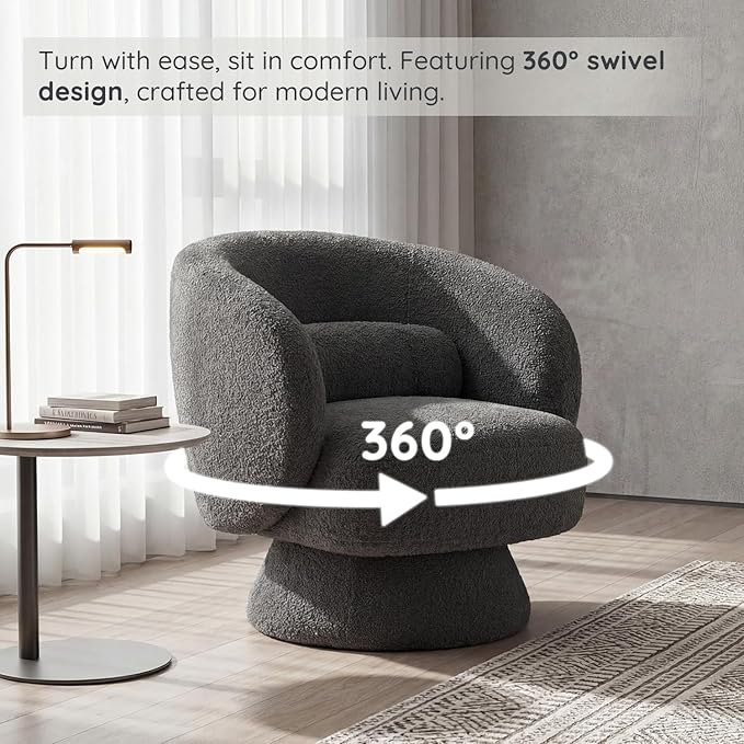 Swivel Accent Chair, Modern 360 Degree Swivel Barrel Chair with Arms & Curved Back and Lumbar Support Cushion, Comfy Round Single Boucle Sofa for Small Space, Living Room, Bedroom, Gray