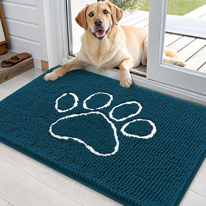 OLANLY Dog Door Mat for Muddy Paws 36x24, Paw Print Design, Absorbs Moisture and Dirt, Absorbent Non-Slip Washable Doormat, Quick Dry Chenille Mud Mat, Entry Indoor Entryway Carpet, Atlantic Blue