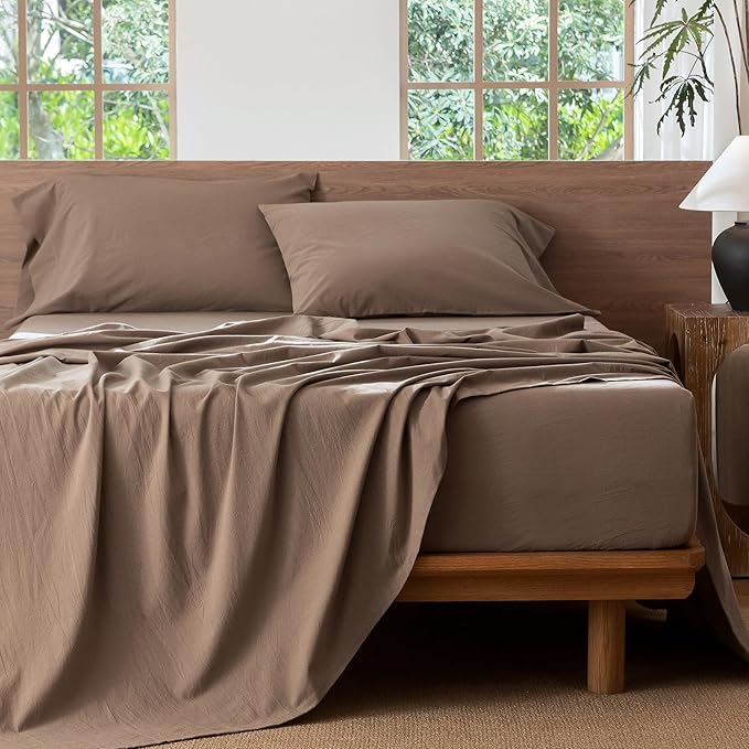 MooMee Bedding Sheet Set 100% Washed Cotton Linen Like Textured Breathable Durable Soft Comfy (Solid Brown, California King)
