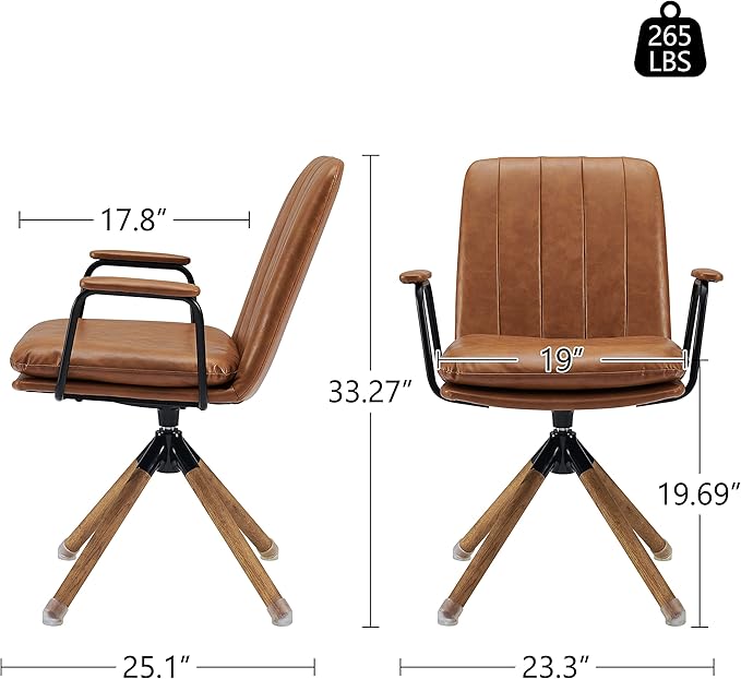 Art Leon Desk Chair No Wheels, Set of 2, Mid Century Modern Swivel Chair with Oak Wood Legs, Faux Leather Home Office Desk Chairs for Bedroom Living Room, Yellow Brown