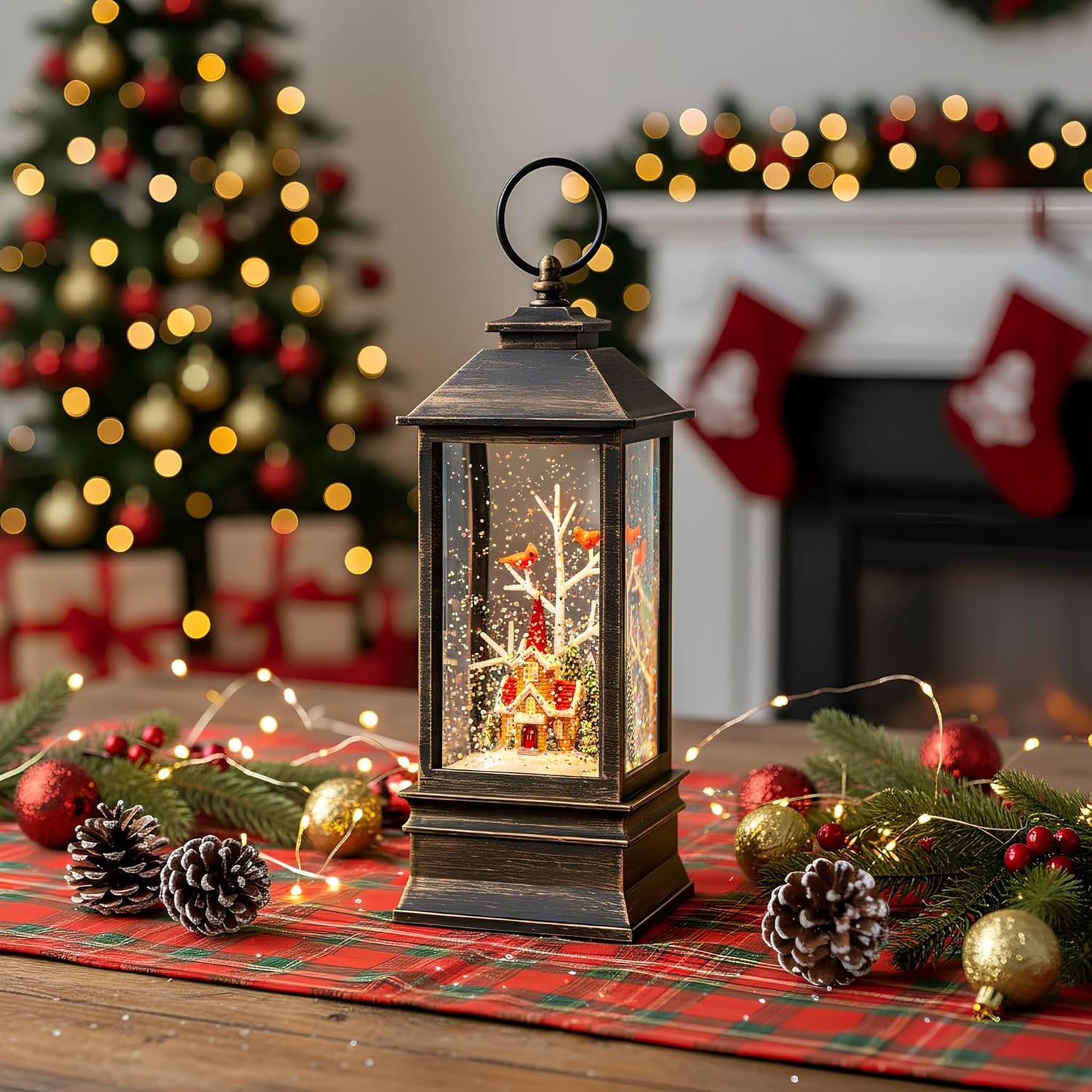 10'' Christmas Snow Globe Lantern Lighted Christmas Village Church Scene Musical Water Lantern with Swirling Glittering Home Decoration and Gift, Battery Operated or USB Powered