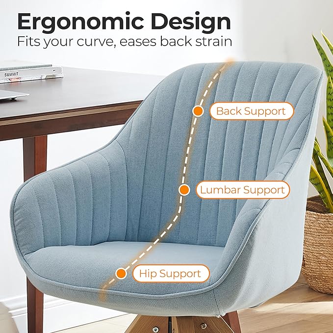 Zouron Mid Century Modern Accent Chair with Wooden Legs, Upholstered Swivel Chair No Wheels, Side Accent Armchair Vanity Chair for Small Space Home Office Living Room Bedroom, Light Blue