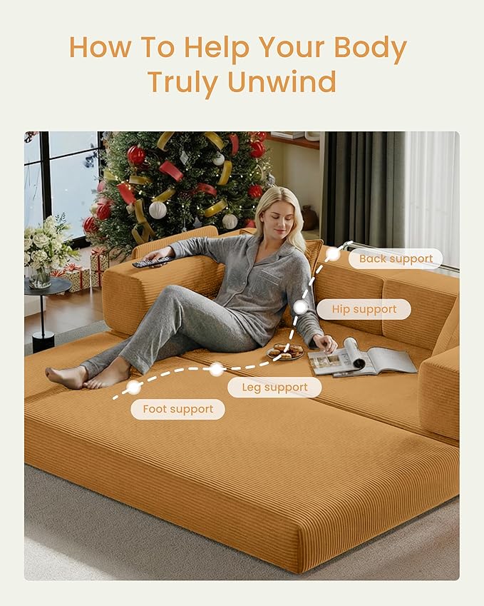 78.8" Convertible Futon Sofa Bed,Corduroy Futon Couch with Storage Pocket,Folding Pull Out Sofa,No Assembly Boneless Couch for Living Room,Yellow