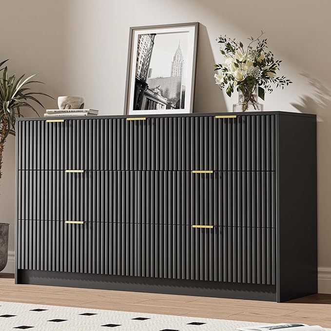 Black 7 Drawer Dresser for Bedroom, 55.9" Wide Modern Fluted Dresser with Gold Metal Handles, Wide Chest of Drawers for Bedroom, Living Room, Entryway, Hallway