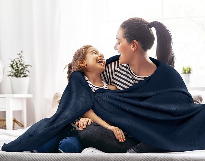 Utopia Bedding Navy 100% Cotton Blanket [King Size - 90x108 Inch] 350GSM Lightweight, Soft and Breathable Thermal Blanket for All Seasons