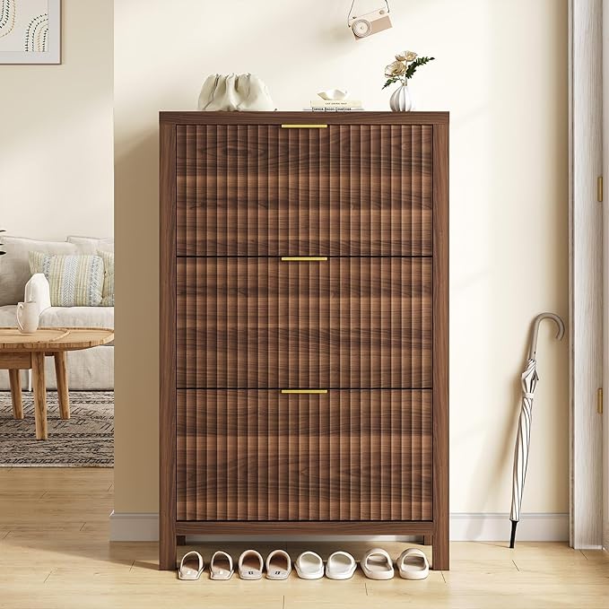 Shoe Cabinet Storage for Entryway, Fluted Shoe Cabinet with 3 Flip Drawers, Hidden Shoe Rack Tall Freestanding Shoe Organizer with Legs for Hallway, Walnut