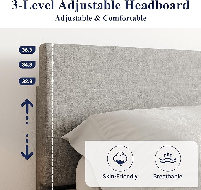 Allewie King Size Platform Bed Frame with Adjustable Upholstered Headboard, Strong Wood Slats, Heavy Duty Mattress Foundation, No Box Spring Needed, Noise-Free, Easy Assembly, Light Grey