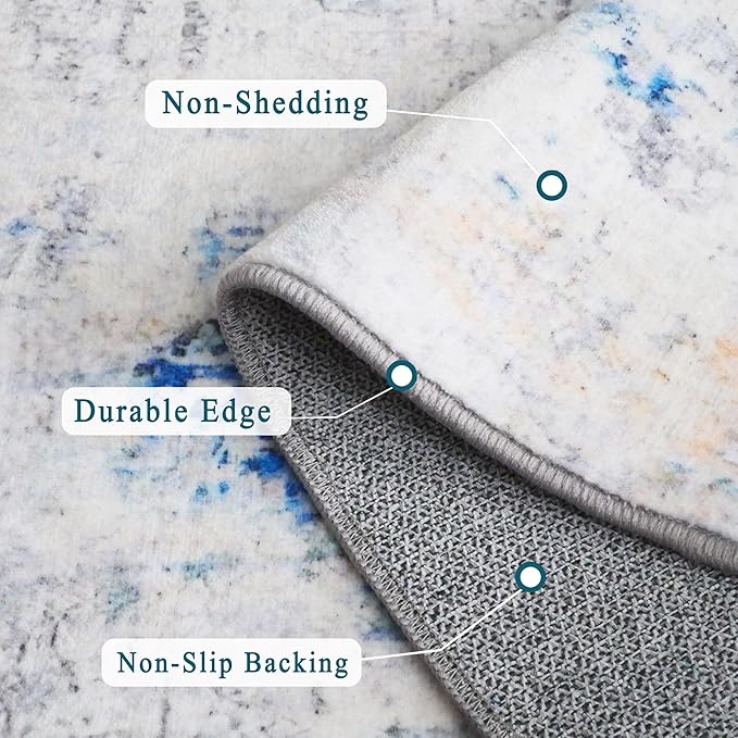 3x5 Rug, Small Area Rug for Living Room, Bedroom, Kitchen, Machine Washable Non-Slip Throw Rug, Modern Abstract Carpet for Entryway Nursery Coffee Table, Blue Ivory Yellow