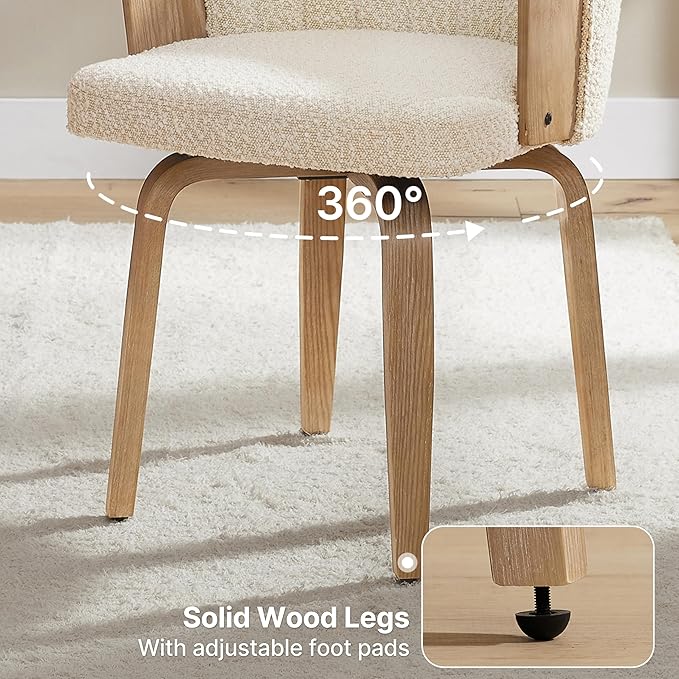 Art Leon Swivel Dining Chairs - Mid Century Modern Boucle Fabric Upholstered Kitchen Dining Room Chairs, Accent Desk Chairs with Wood Legs, Set of 2, Off White/Natural Oak