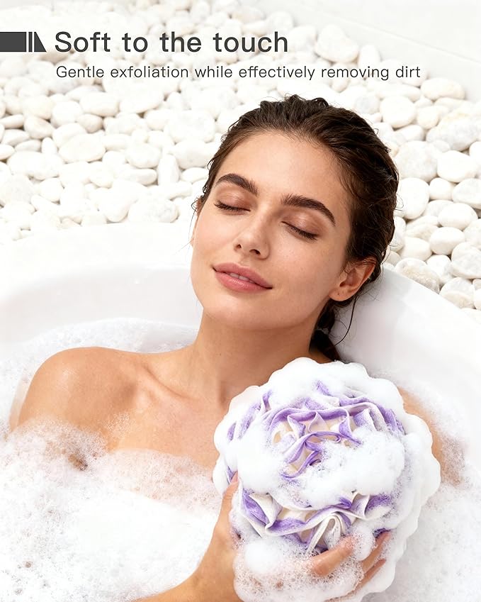 Large Bath Sponge Pouf 70g, 6.3 Inch Exfoliating Shower Loofah, Soft Durable PE Mesh with Reinforced Knotting, Rich Lather Body Wash Scrubber, 4-Pack Elegant Colors Gift Set（B-4Pcak）