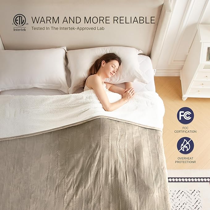 Electric Blanket Twin 62"x84" Heated Electric Blankets 10 Heating Levels 12 Time Settings 8 Hours Auto Off Fast Heating and Overheat Protection ETL Certified Machine Washable,Light Brown