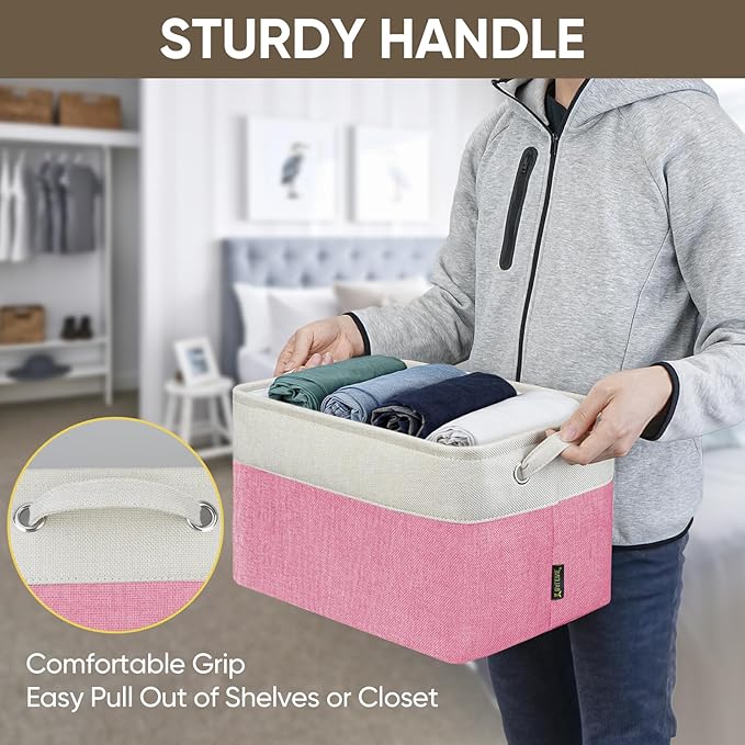 BALEINE 2 Pack Fabric Storage Bins for Shelves, Linen Storage Baskets for Organizing, Decorative Closet Bins for Clothes, Home (Pink, 15''x11''x9.5'')