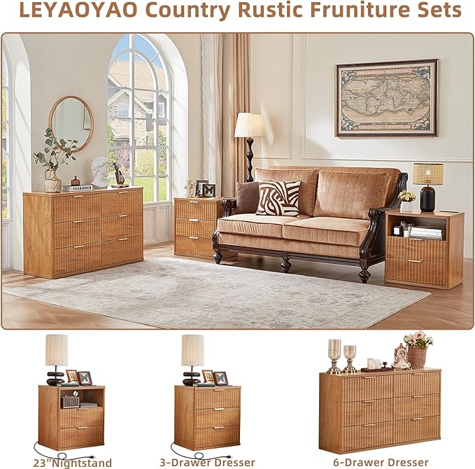 LEYAOYAO Fluted Dresser and Nightstand Sets, Wood 48" Wide Dresser & 23" Night Stand with Charging Station, 2 Piece Bedroom Furniture Set, Chest of Drawers for Bedroom, Home, Living Room, Brown
