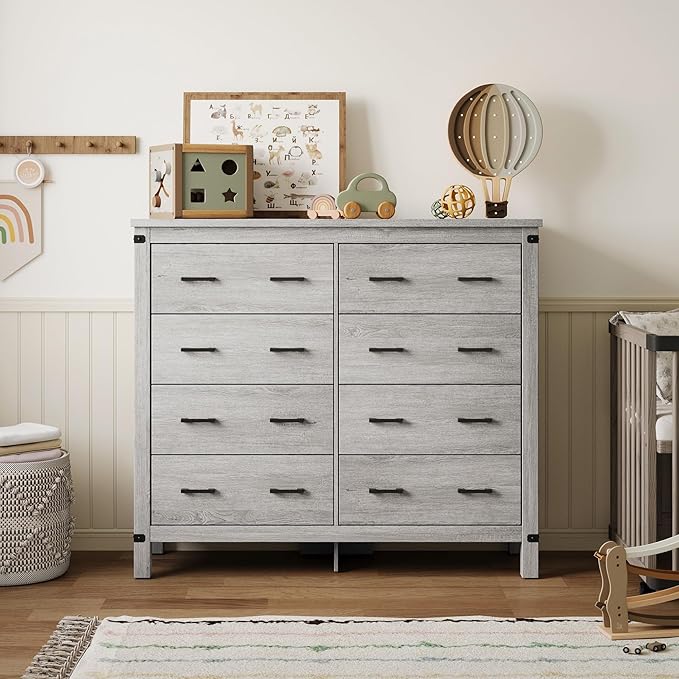 LINSY HOME Farmhouse 8 Drawer Double Dresser for Bedroom, 50” Wide Rustic Wood Chest with Deep Drawers, Modern Dressers with Storage and Metal Handles for Closet, Living Room, Hallway, Wash Grey