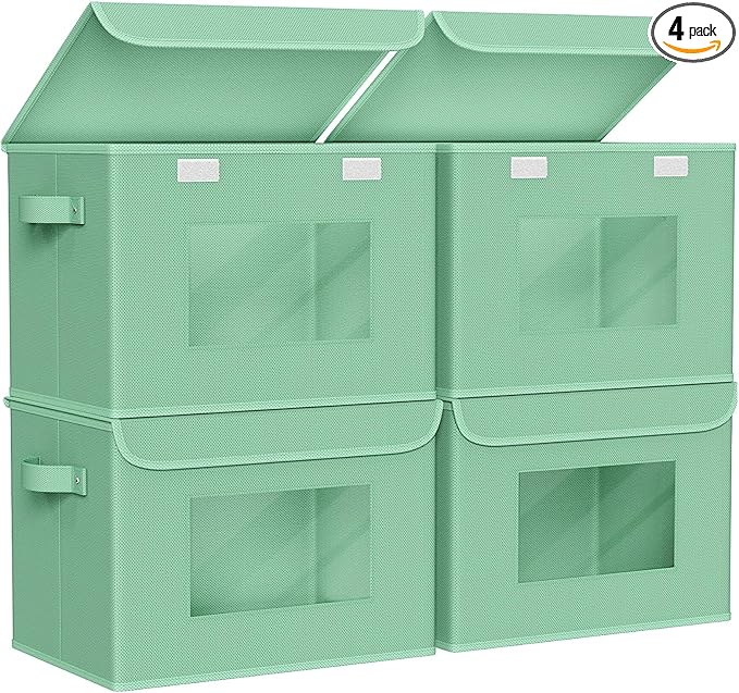 Univivi Collapsible Stackable Storage Bins with Lids [4-Pack] Foldable Fabric Closet Organizer Basket, Closet Organizers and Storage Cube Storage Bin for Home, Office, Bedroom (Green)