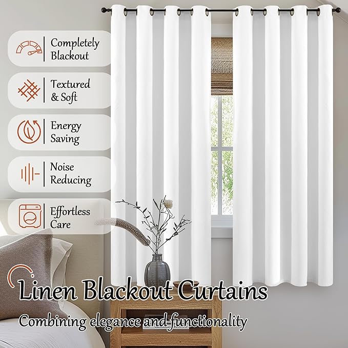Blackout Curtains for Bedroom 72 Inch Length 2 Panels Set, Thermal Insulated 100% Black Out Privacy Soundproof Grommet Farmhouse Linen Window Curtains for Living Room Darkening, White, Each 52”Wide