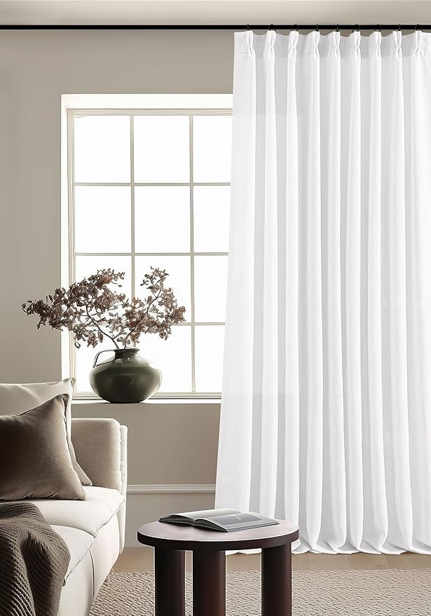 Snow White Pinch Pleated Linen Curtains 1 Panel for Living Room Bedroom Memory Training Shaped Semi Sheer Pleat Drapes with Hooks Rings Light Filtering Window Curtain 60x108