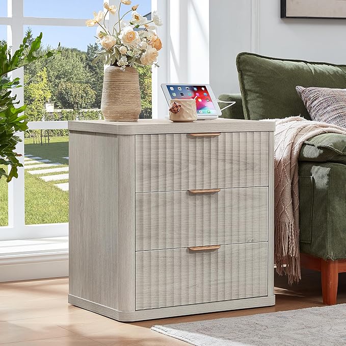 LEYAOYAO Fluted Farmhouse Nightstand Set of 2 with Charging Station, 23" Wide 3 Drawers Night Stand,LightGrey Dresser for Bedroom,Bed Side Table Chest of Drawers,Wood End Table for Living Room