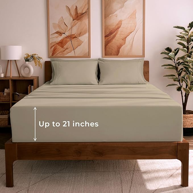 Mellanni Full Sheet Set - 6-Piece Iconic Collection Bedding, (Including 4 Pillowcases), 21-Inch Extra Deep Pocket, Easy Care, Ultra Soft, Cooling Sheets, Brushed Microfiber - New Beige