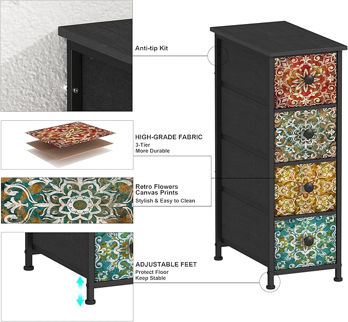GiftGo Skinny Slim Dresser with Fabric Drawers Thin Boho Mandala Flower Chest of Drawers Narrow Storage Tower for Small Spaces Gaps Bedroom Beautiful Nightstand Living Room Table