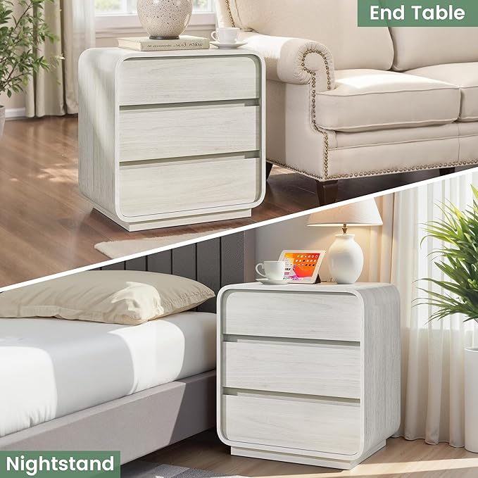 White Nightstand Set of 2 with Charging Station, 23.2" Wide Wood Night Stand, Modern Bedside Table with 3 Storage Drawers, Curved Profile, Mid Century End Table for Bedroom Office