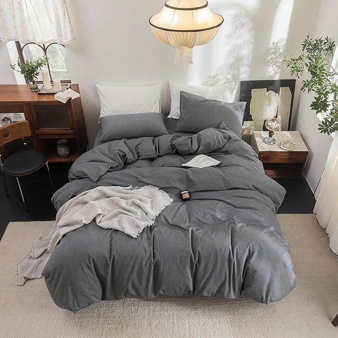 FOSSA Duvet Cover Set 100% Washed Cotton Linen Feel Super Soft Breathable Cozy 3 Pieces Bedding Sets Solid Dark Grey King
