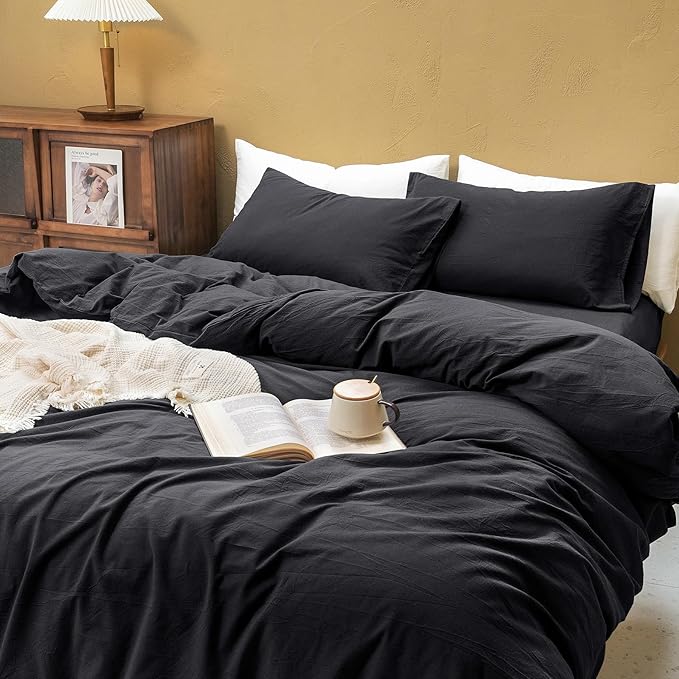 FOSSA Duvet Cover Set 100% Washed Cotton Linen Feel Super Soft Breathable Cozy 3 Pieces Bedding Sets Solid Black Super King
