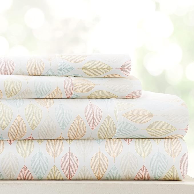 Linen Market Patterned Microfiber Queen Sheet Set 4 Piece – Oeko-TEX Certified Ultra Soft & Wrinkle-Free - 16" Deep Pocket Sheets - Easy Care Queen Size - Fall Foliage Yellow