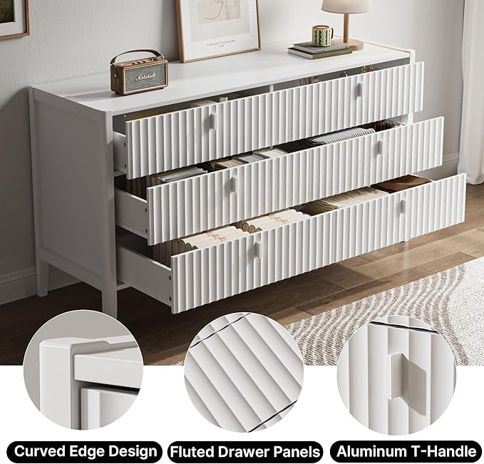 6 Drawer Dresser, Modern Chest of Drawers for Bedroom, Wood Fluted Dresser Organizer with Deep Drawers for Clothes, Nightstand for Bedroom, Hallway, Living Room, Entryway, White
