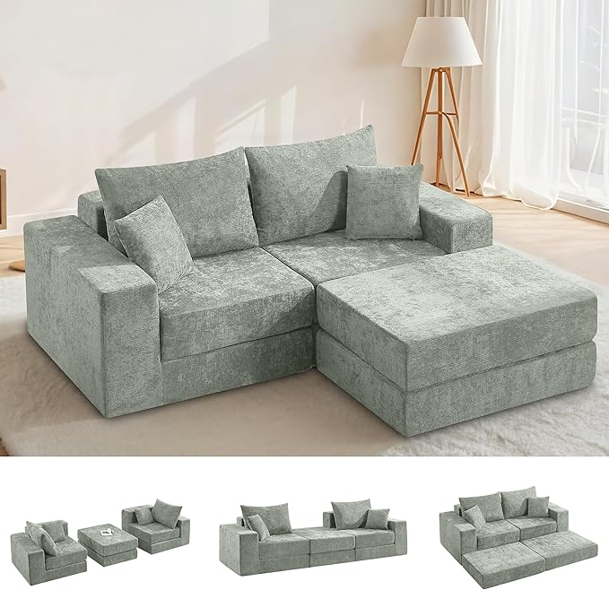 Boneless Sectional Loveseat Couch with Ottoman, Convertible Modular Floor Sleeper Sofa Bed, Comfy Foldable Compression Love Seat Sofa for Living Room, No Assembly, Green