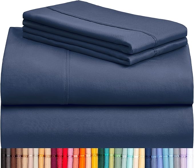 LuxClub 4 PC California King Sheet Set, Deep Pockets Wrinkle Free Cooling Bed Sheets Hotel Bedding for Women, Men, Includes 1 Fitted Sheet, 1 Flat Sheet and 2 Pillowcases-Navy