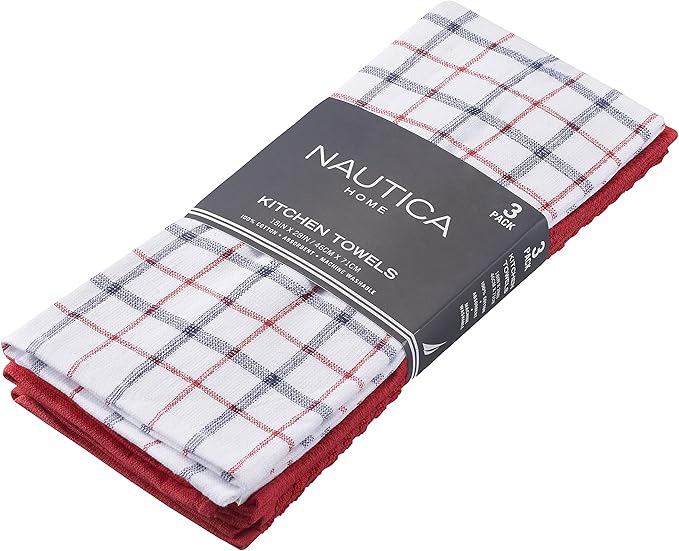Nautica 100% Cotton Kitchen Towels Set of 3 | 18" X 28" Super Absorbent Reusable Cleaning Cloths, Tea Towels, Hand Towels for Drying Dishes | Red/White Mini Plaid Dish Towels for Kitchen