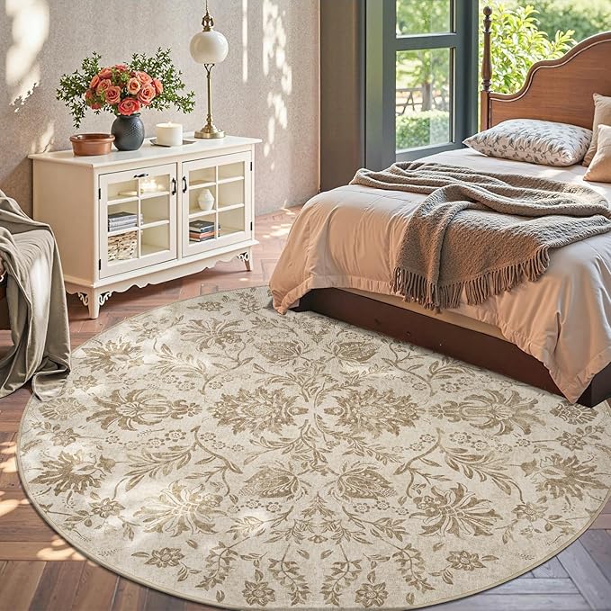 jinchan Torino Classic Floral Round Rug 8ft, Vintage-Inspired Neutral Design 8’Circle Rug, Machine Washable Ultra-Thin Low-Pile Non-Slip Indoor Carpet for Bedroom Dining Room Living Room, Taupe