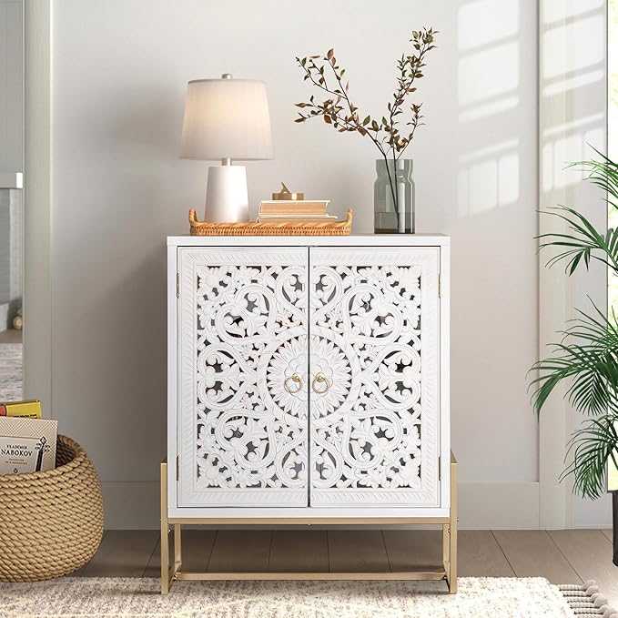 PHI VILLA White Accent Cabinet with Doors, Hollow Carved Small Buffet Sideboard, 2 Door Storage Cabinets