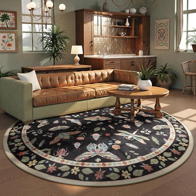 Lahome Insect Washable Round Area Rug, Soft Round Rugs 6ft Ultra-Thin Non-Slip, Boho Large Circle Carpet for Bedroom Living Room Kitchen Nursery, Black