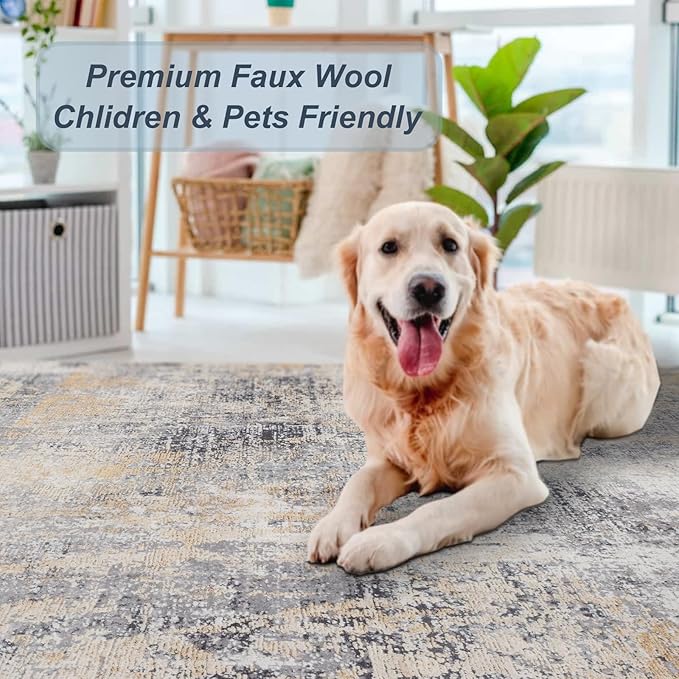 Area Rug 8×10, Large Vintage Boho Rug,Ultra-Soft Low Pile, Washable, Non Slip,Stain Resistant, Printed Carpet for Living Room Bedrooms Playroom Office Kitchen, Gold/Grey