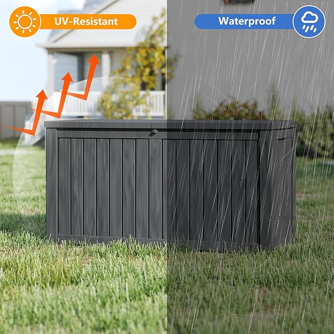 200 Gallon Outdoor Storage Box Waterproof, Resin Deck Boxes with Lockable Lid & UV-Resistant for Patio, Pool, Garden Furniture Cushions & Accessories, Black