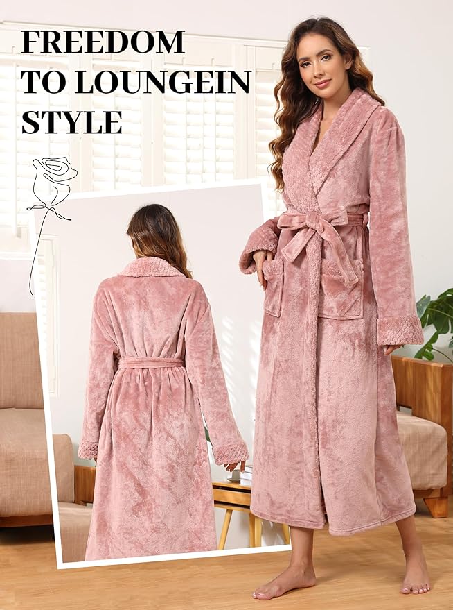 Artfasion Womens Long Fleece Robe - Warm Soft Floor Length Flannel Bathrobes for Winter Thicker Long House Coat with Pockets