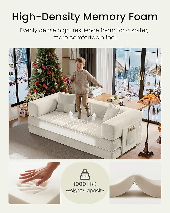 78.8" Convertible Sofa Bed,Corduroy Futon Couch with Storage Pocket,Folding Pull Out Futon Sofa,No Assembly Boneless Couch for Living Room, White | futon sofa bed, sofa, couch, loveseat, convertible sofa, boneless couch