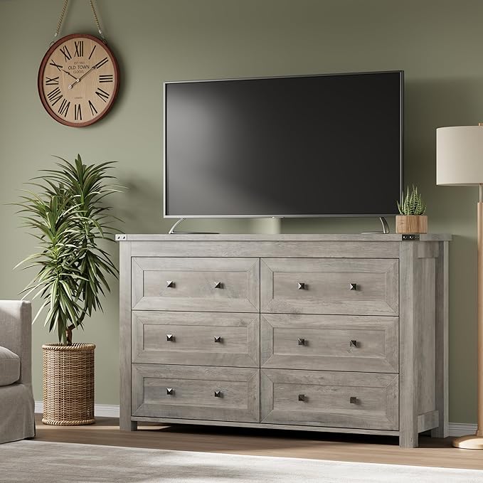 6-Drawer Dresser, Modern Wooden Storage Chest of Drawers, Dresser TV Stand, Wood Drawer Organizer with Metal Handles for Bedroom, Living Room, Hallway