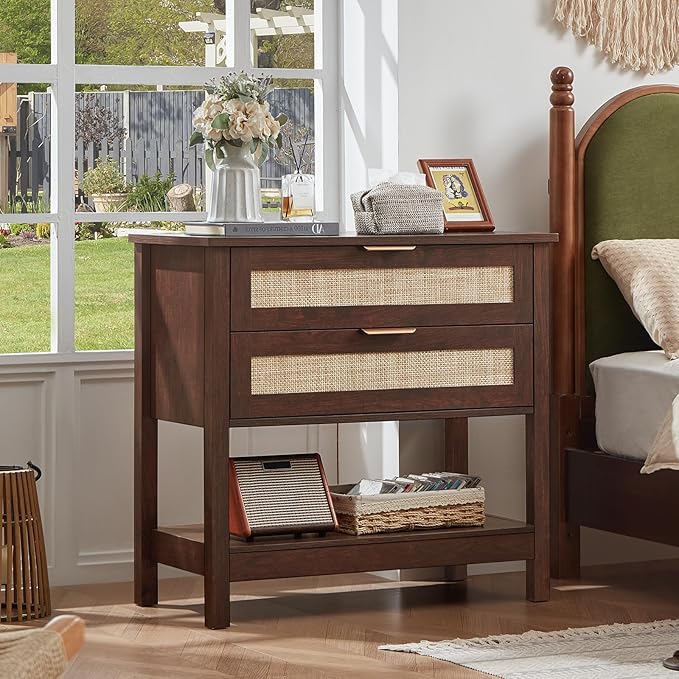 LEYAOYAO 31.5" Wide Rattan Night Stand, Oversized Large Walnut Nightstand with 2 Drawer, Boho Bed Side End Tables with Storage Shelf, Tall Bedside Table for Bedroom Living Room, Hallway
