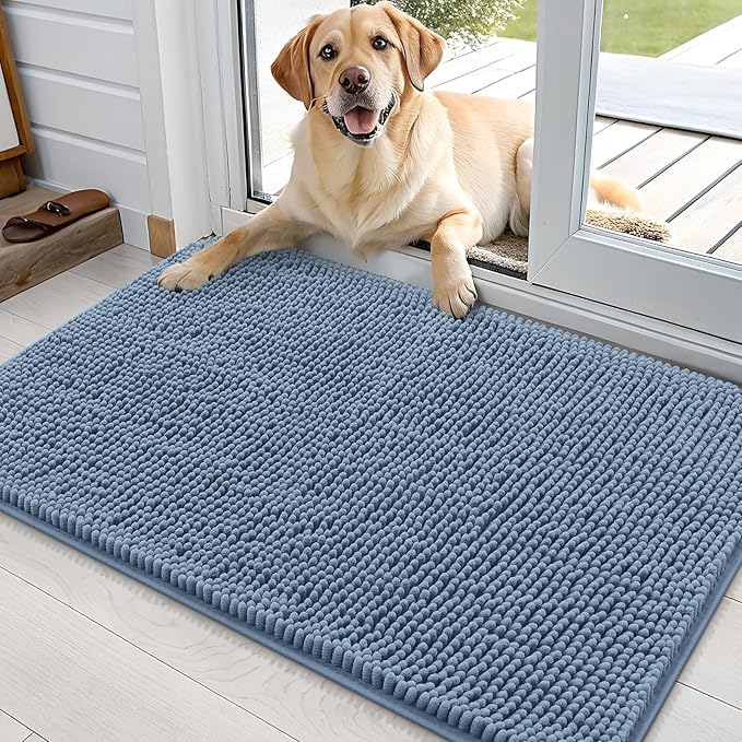 OLANLY Dog Door Mat for Muddy Paws 35x24, Absorbs Moisture and Dirt, Absorbent Non-Slip Washable Doormat, Quick Dry Chenille Mud Mat for Dogs, Entry Indoor Entryway Carpet for Inside Floor, Airy Blue
