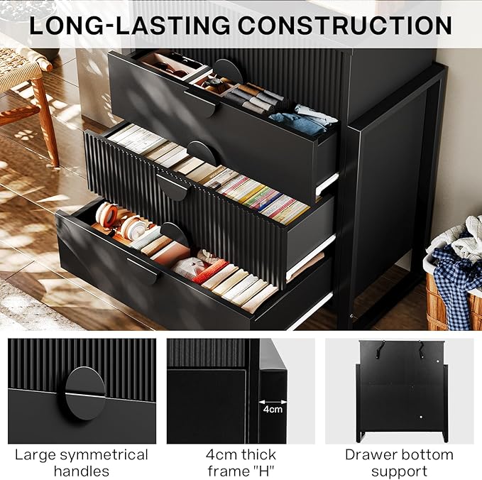 LGHM Fluted Dresser for Bedroom with 4 Drawers, Modern 4 Drawers Dressers with Semicylinder Fluted, Solid Chest of Drawers, 36" Tall Dresser with Bold Steel Frame, Metal Handles, Black