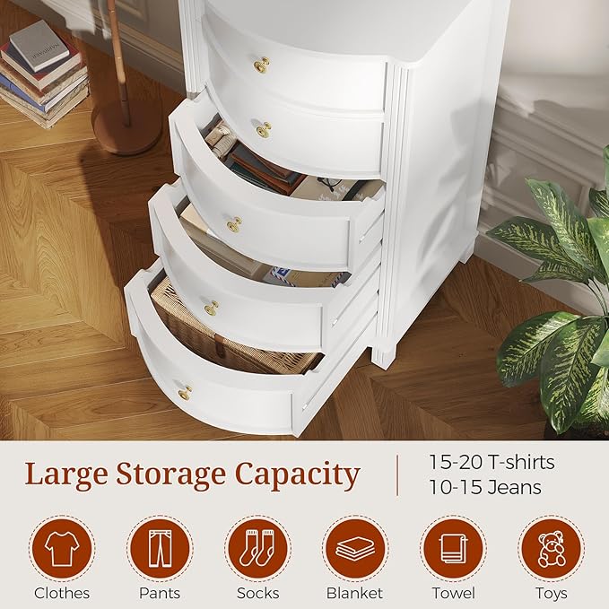 AuraCurve Tall 5-Drawer Chest, Elegant Dresser with Five Arc Fronts, Roman Column Decor, Slim Floor Standing Storage Cabinet, 48.6x23.6x15.7 Inches(White, 5 Drawer)