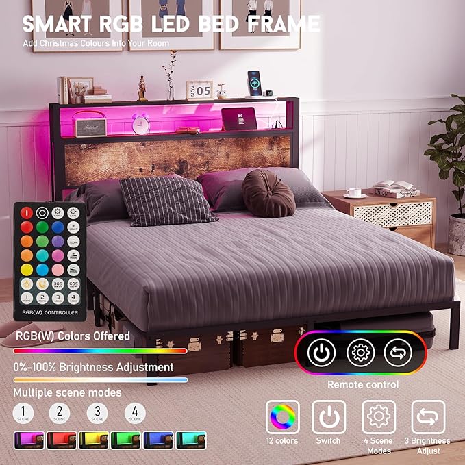 Queen Size Bed Frame with 2-Tier Storage Headboard with Charging Station and 12 Color LED Lights,2 Tier Solid Wood Headboard Storage,Noise Free, No Box Spring Needed/Remote Control/Vintage Brown