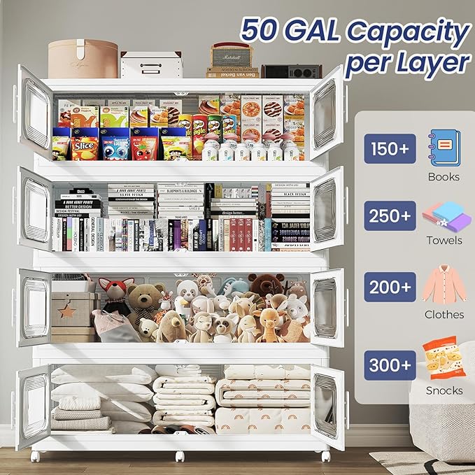 200 Gallon Extra Large Storage Bin with Lid and Wheels, Stackable Collapsible Plastic Storage Box with Door, Foldable Organizer for Closet, Kitchen, Office, Living Room, 4 Pack White