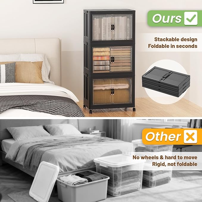 SAILUN 49Gal/195Qt Stackable Storage Bins Folding Collapsible Storage Bins with Lid, Closet Organizers and Storage Box with Door Black 22" W x 13" D x 38" H